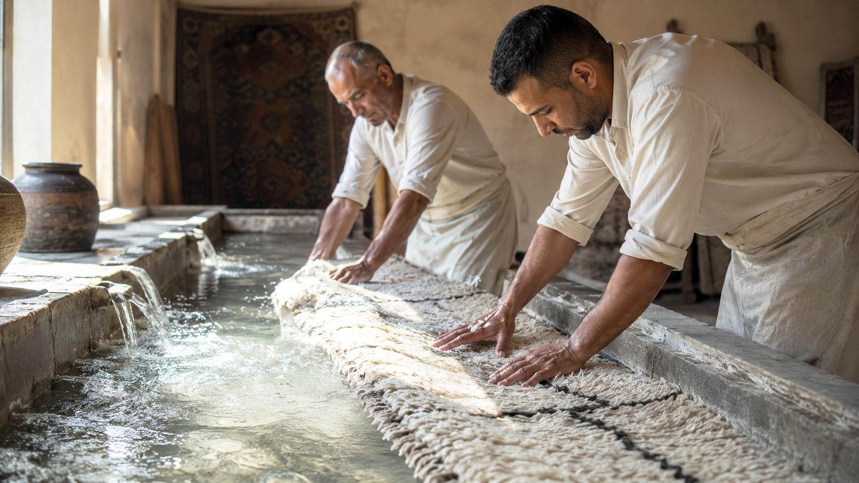 Nestaground rug professional washing — gentle atelier care that preserves natural wool fibres and plant-dyed colours