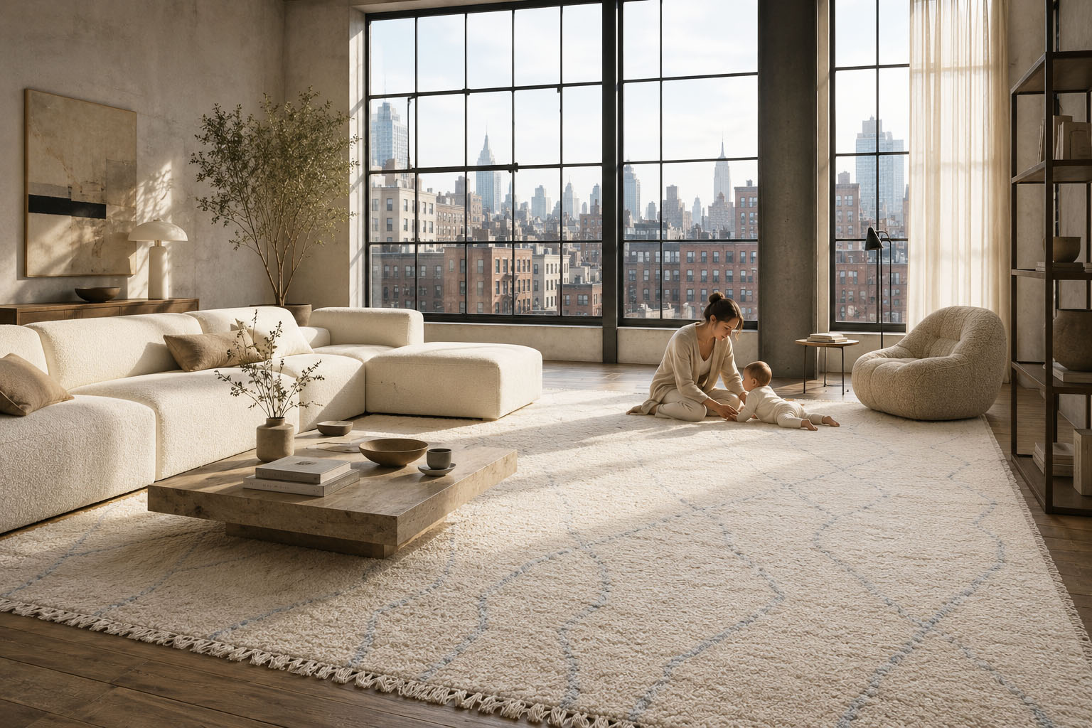 Nestaground organic wool rug — dense natural pile providing deep comfort for children and adults