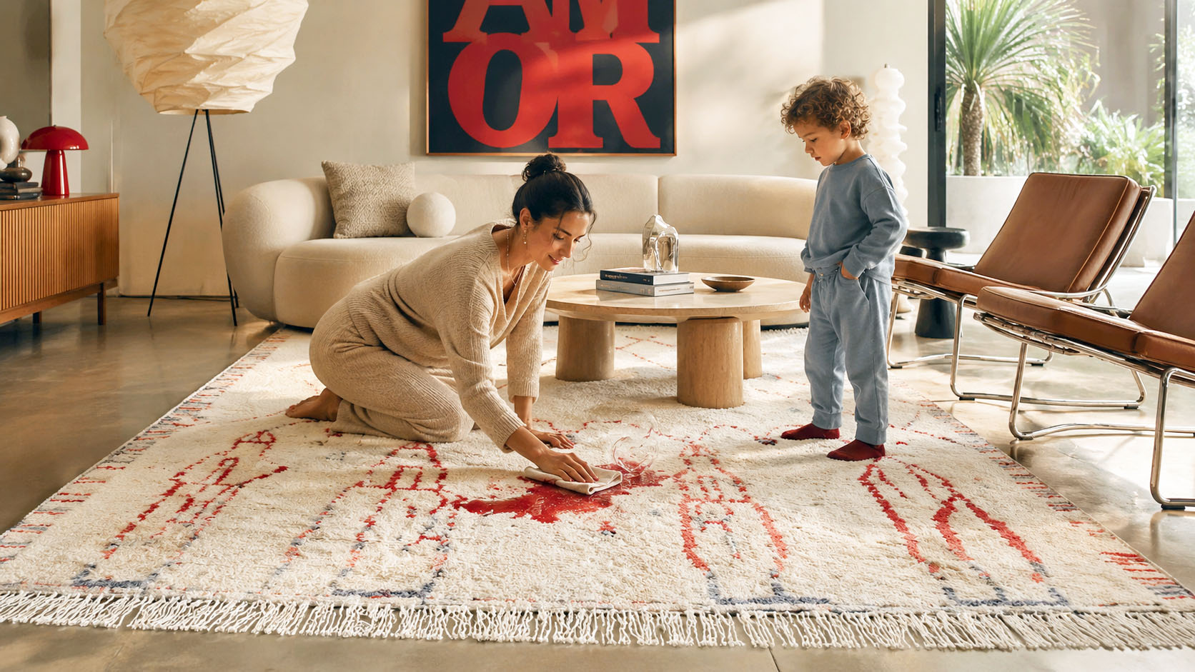 Nestaground organic wool rug in a family living room — children playing, glasses falling, real daily life