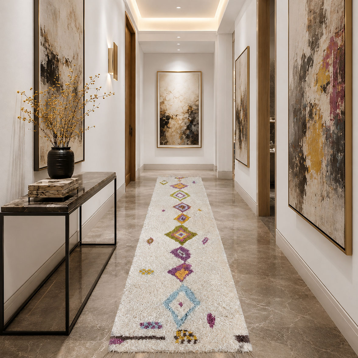 Path of Colours — hand-knotted natural wool rug, 350 × 76 cm, Nestaground