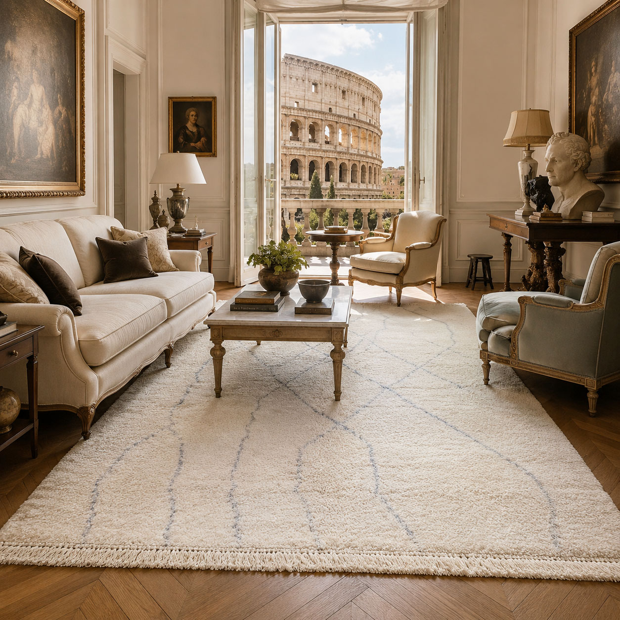 Indigo Vine — hand-knotted natural wool rug, 330 × 246 cm, Nestaground