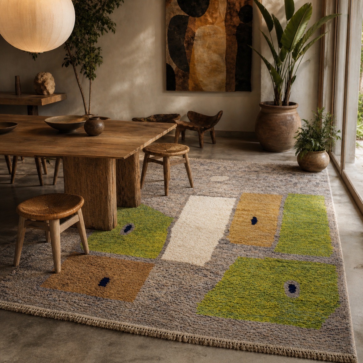 Silent Courtyard — hand-knotted natural wool rug, 320 × 225 cm, Nestaground