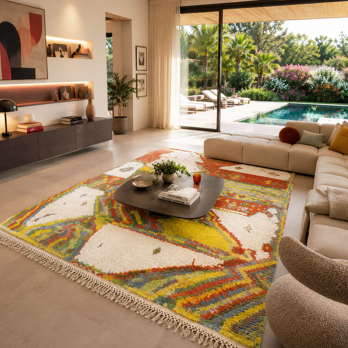 Geometry in Motion — hand-knotted natural wool rug, 303 × 223 cm, Nestaground